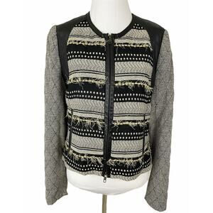 Tracy Reese Womens Striped Quilted Blazer Fringe Lamb Leather Zip Front Sz S